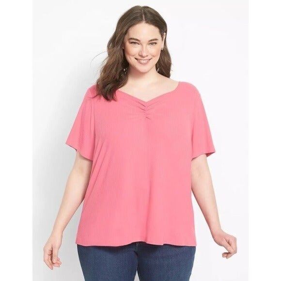 Lane Bryant Pink Gin Fizz Classic Short Sleeve Sweetheart Neck Ribbed T-Shirt 18 - Picture 1 of 7